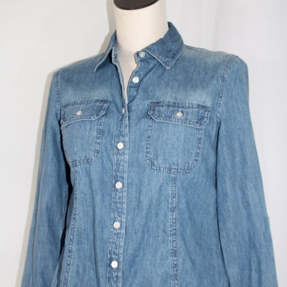 Talbots Denim Button Up Long Sleeve Shirt Size 6p Blue Pockets Collared - Picture 2 of 10